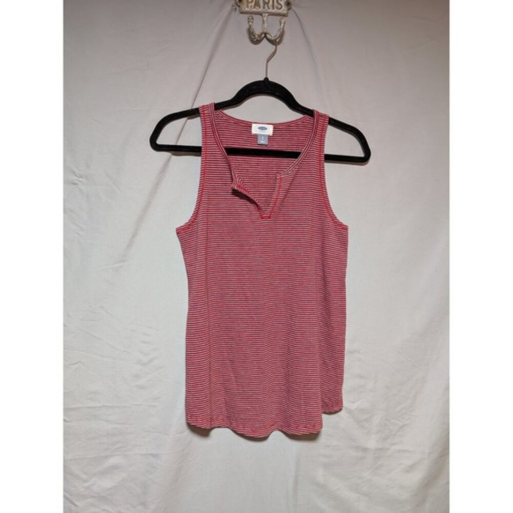 Old Navy Women's Red White Black Striped Split Neck Linen Tank Top Size Small